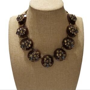 J. Crew Brown Resin Crystal Statement Necklace Antique Gold Tone Adjustable